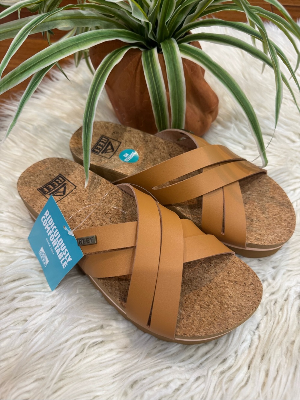 New🌿Reef Kids Tan Strappy Cork Slide Sandals